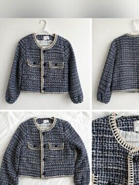 Classic Navy Tweed Women Jacket with Cream Trim